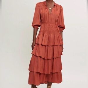 MAJE Satin Silk Ruffle Midi Dress in Rust Orange Size 34